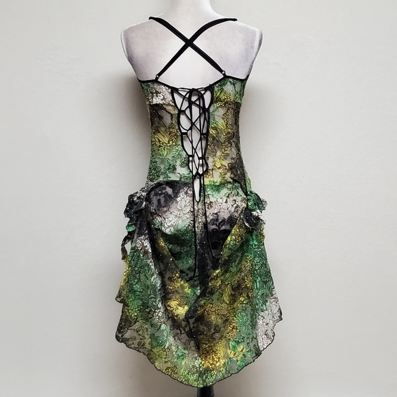 80s Rare Vintage Surprise Parties Green Tie-Dye Sheer Lace Lace-up Bustle Dress - Picture 10 of 16